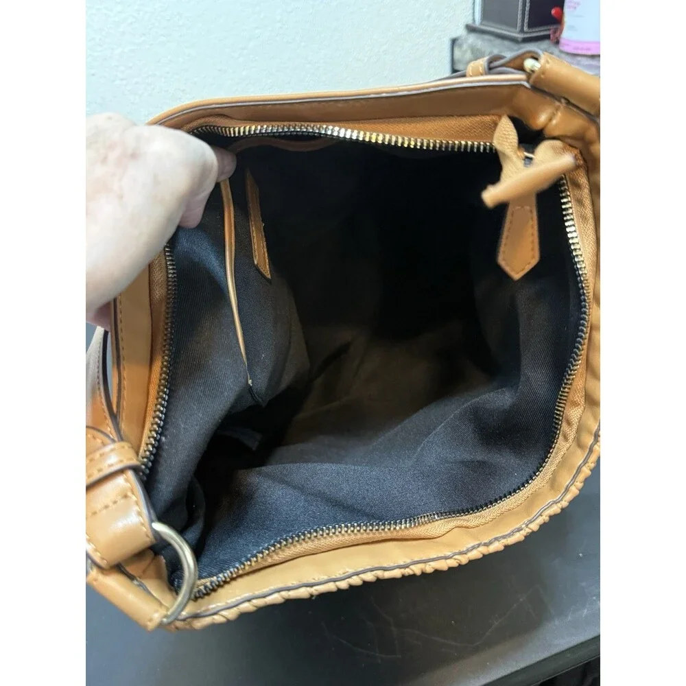 Nicole Miller New York Brown Woven Satchel Shoulder Bag Purse Zip Gold HW EUC